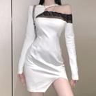 Long-sleeve One-shoulder Lace Panel Mini Sheath Dress