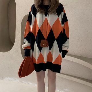 Argyle Sweater Dress Rhombus - Tangerine - One Size