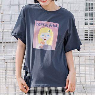 Distressed Printed Short-sleeve Top