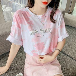Lettering Print Tie Dye Short Sleeve Top