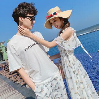 Couple Matching Floral Print Midi Chiffon Dress / Short-sleeve T-shirt / Shorts