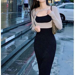 Set: Long-sleeve Cutout Knit Crop Top + Spaghetti Strap Midi Sheath Dress