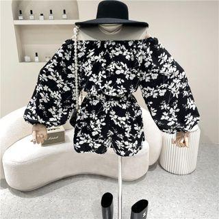 Set: Off-shoulder Floral Blouse + Wide-leg Shorts