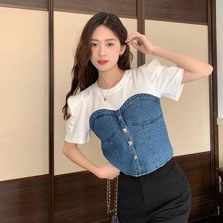 Mock Two-piece Denim Panel T-shirt
