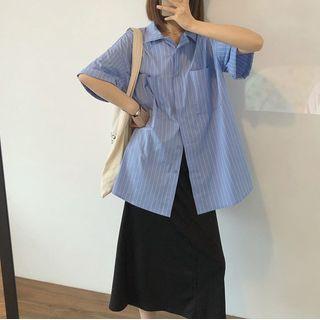 Pinstriped Short-sleeve Shirt Blue - One Size