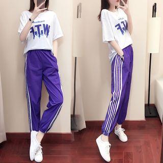 Set: 3/4-sleeve Letter T-shirt + Striped Side Sweatpants