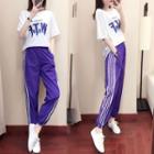 Set: 3/4-sleeve Letter T-shirt + Striped Side Sweatpants