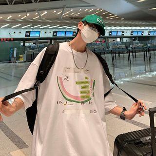 Elbow-sleeve Chinese Characters Print T-shirt