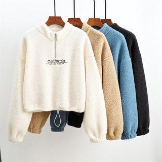 Half-zip Lettering Drawstring-hem Fleece Pullover