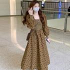 Long-sleeve Square Neck Floral Knit Panel Midi Dress