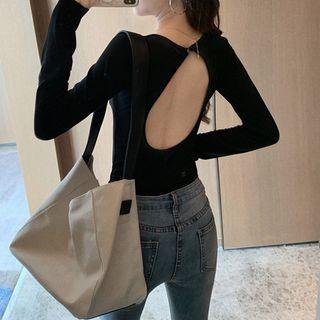 Long-sleeve Open Back Plain Tee Black - One Size