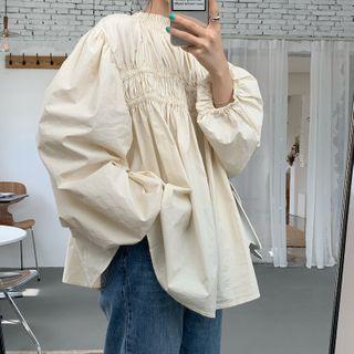 Long-sleeve Shirred Loose-fit Top Almond - One Size