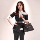 Set: Mock Two-piece Short-sleeve Cold Shoulder Striped Belted Top + Dress Pants