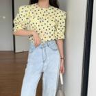 Elbow-sleeve Dotted Blouse Yellow - One Size