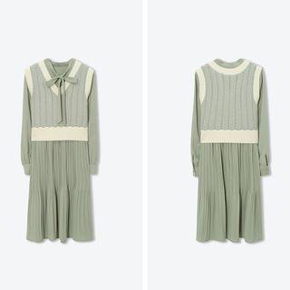 Set: Long-sleeve Midi A-line Dress + V-neck Sweater Vest