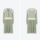 Set: Long-sleeve Midi A-line Dress + V-neck Sweater Vest