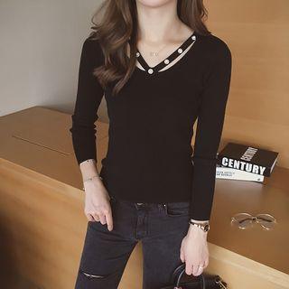 Faux Pearl Long-sleeve Knit Top