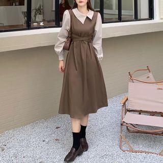 Long-sleeve Mock-two Piece Midi Dress