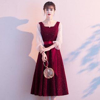Contrast Long Sleeve Sequined A-line Cocktail Dress