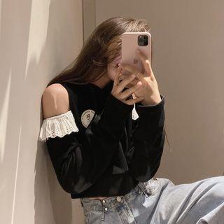 Lace Long-sleeve Cropped Pullover Black - One Size
