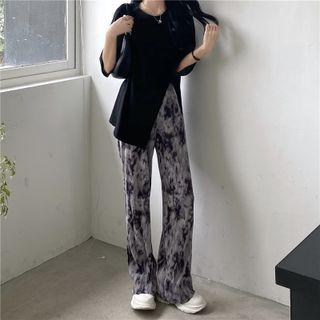 Elbow-sleeve Plain T-shirt / Tie-dye Wide Leg Pants / Set
