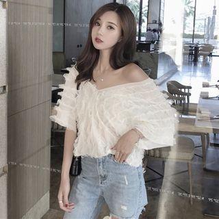 V-neck Elbow-sleeve Lace Top