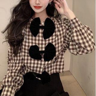 Ribbon Gingham Blouse / Mini A-line Skirt