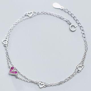 925 Sterling Silver Rhinestone Heart Layered Bracelet