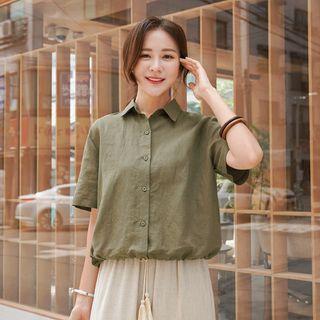 Short-sleeve Tie-hem Linen Shirt