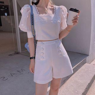Lace Trim Puff-sleeve Cropped Blouse