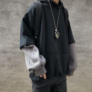 Panel Sleeve Front Pocket Hooded Sweatshirt