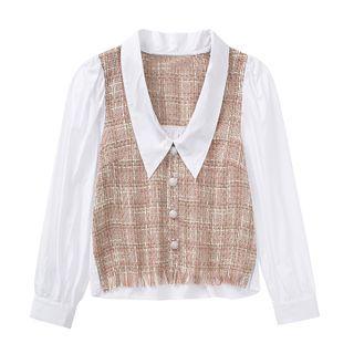 Puff-sleeve Paneled Plaid Tasseled Blouse