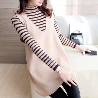 Set: Long-sleeve Striped Knit Top + Knit Sleeveless Dress