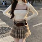 Turtleneck Cut-out Cropped Sweater / Contrast Trim Camisole Top / Plaid Mini Pleated Skirt / Belt / Set