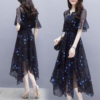 Short-sleeve Starry Print Chiffon A-line Midi Dress