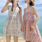 Spaghetti Strap Floral Print Minidress / Frilled 3/4-sleeve Light Jacket