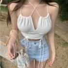 Plain Pleated Lace-up Cropped Tube Top White - One Size