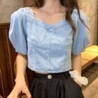 Balloon-sleeve Denim Cropped Blouse Blue - One Size
