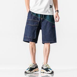 Contrast Color Panel Denim Straight-cut Shorts