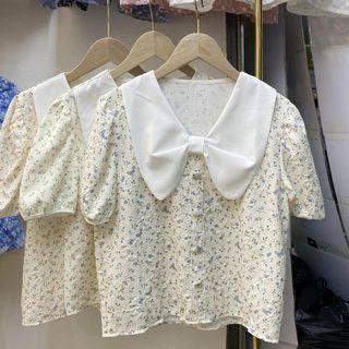Bow Floral Puff-sleeve Shirt