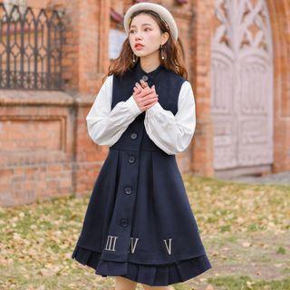 Roman Number Embroidered Sleeveless A-line Dress Dark Blue - S