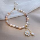 Flower Rhinestone Faux Pearl Bracelet 1pc - Pink & Light Purple & Gold - One Size