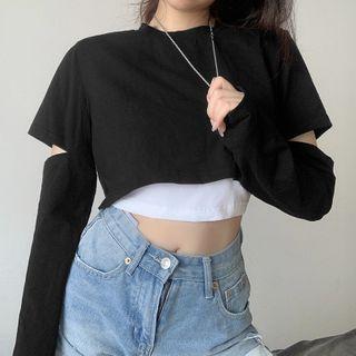 Mock Two-piece Long-sleeve Cropped T-shirt
