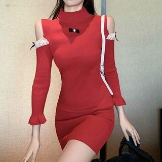 Long-sleeve Cold Shoulder Mock-neck Lace Trim Mini Bodycon Dress