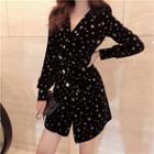 Tie-waist Long-sleeve A-line Dress Black - One Size