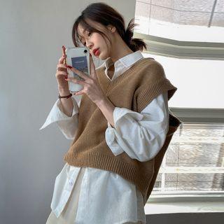 Shirt / Knit Sweater Vest / Mini Skirt