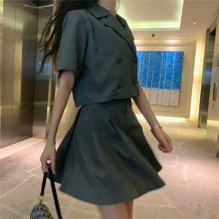 Short-sleeve Double Breasted Shirt / A-line Mini Skirt