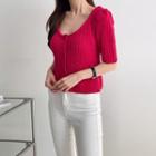 U-neck Elbow-sleeve Ribbed Cardigan