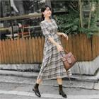 Elbow-sleeve Tie-waist Plaid Long Dress