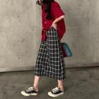 Plain Short-sleeve Blouse / Plaid Midi Skirt